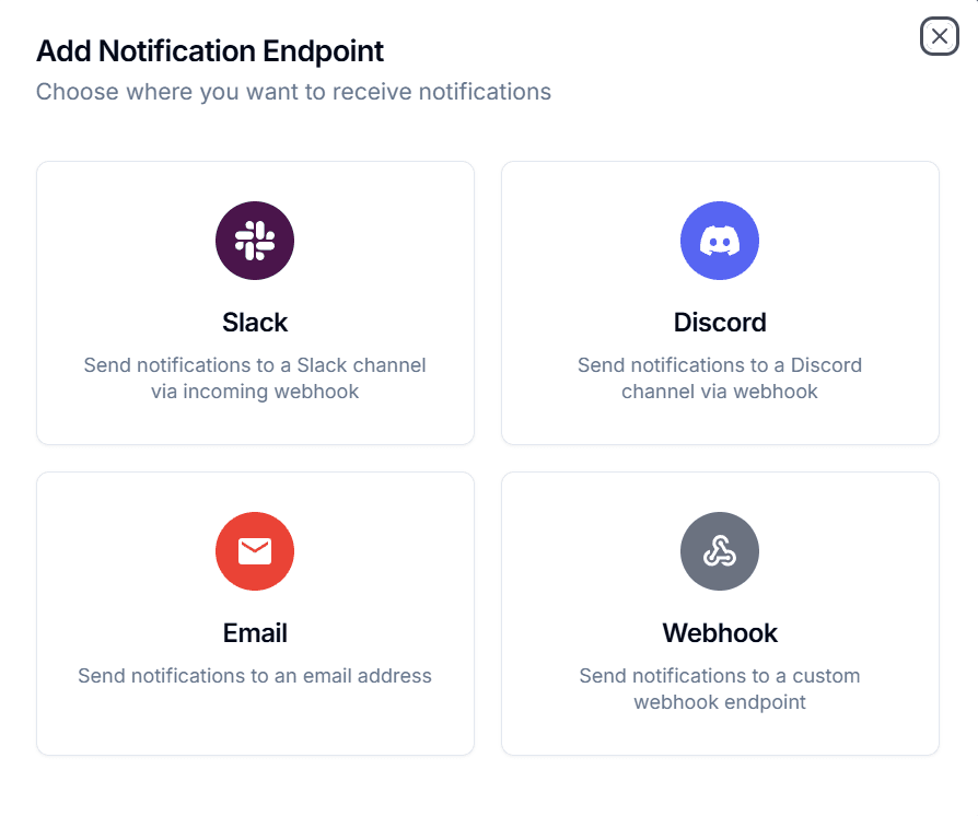 Send notifications to Slack, Discord, Email, or a Webhook