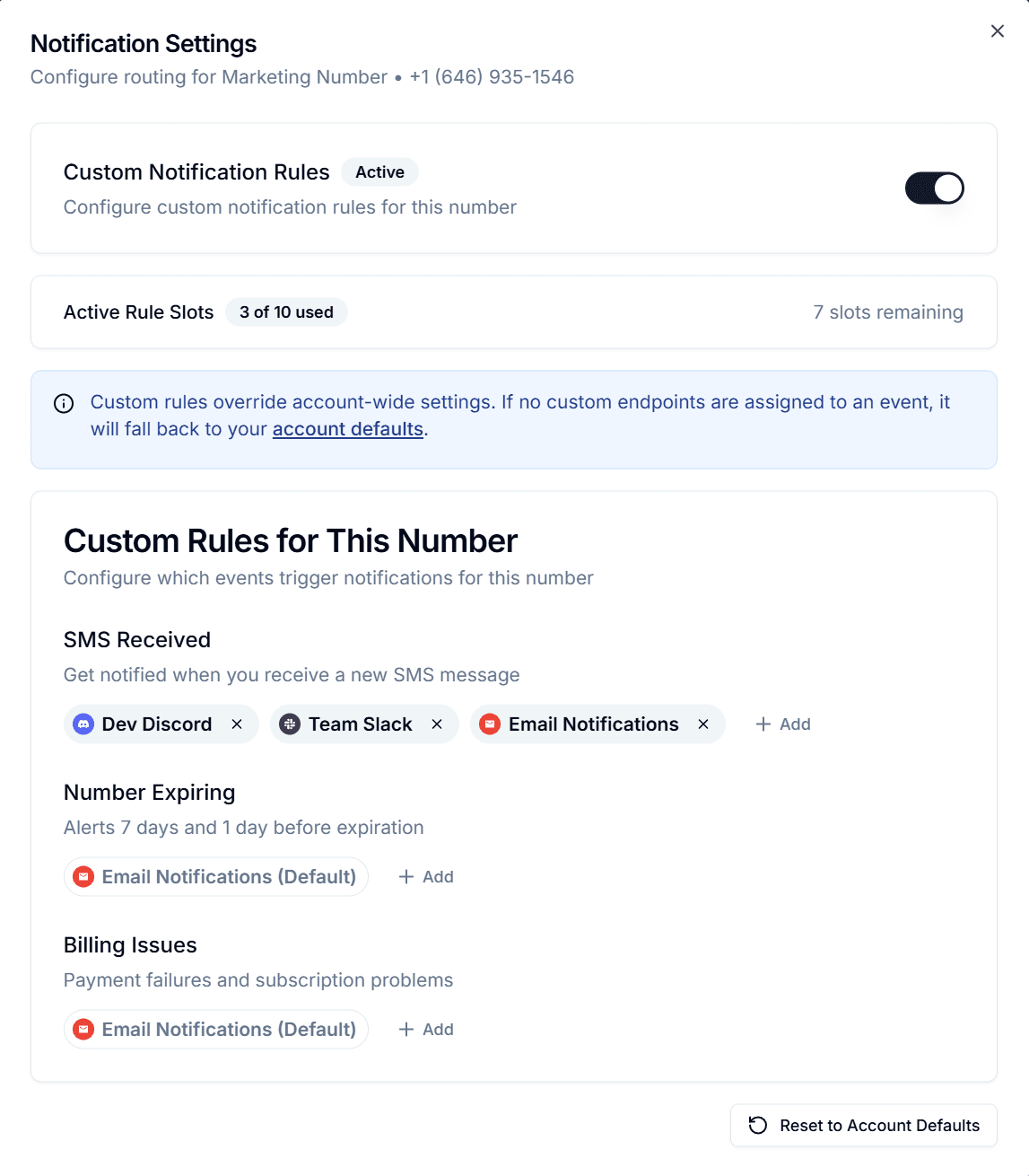 Per-number Notification Settings with custom rules toggled on