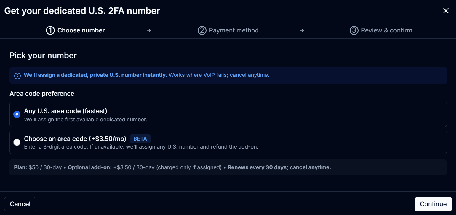 JoltSMS wizard step to choose a dedicated US 2FA number with options for any US area code or a specific area code add-on.