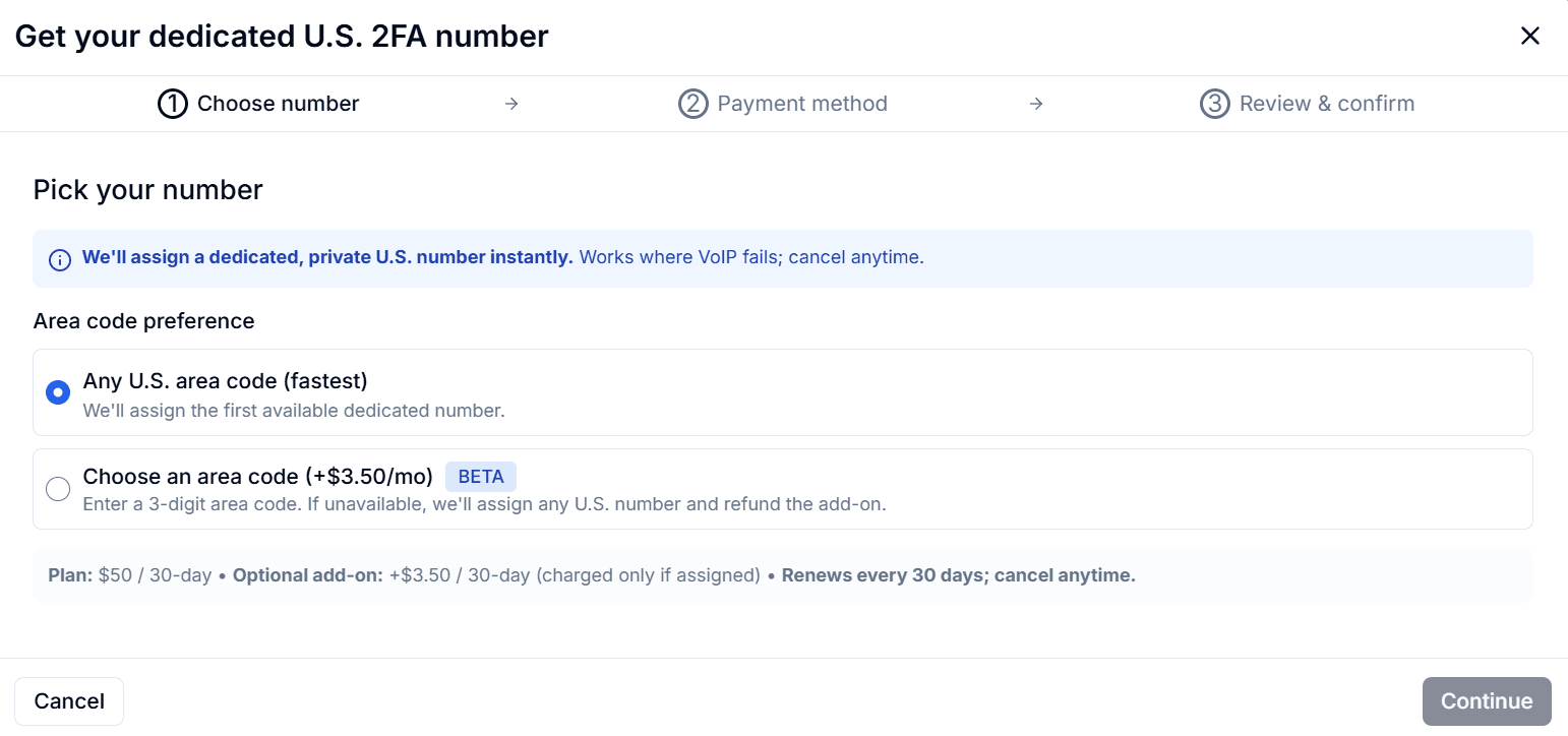 JoltSMS number selection wizard showing area code options