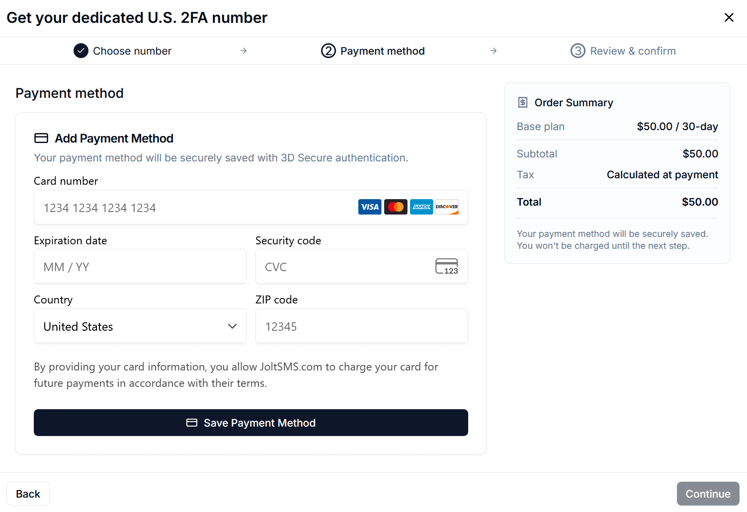 Payment form with card details and order summary for a JoltSMS number