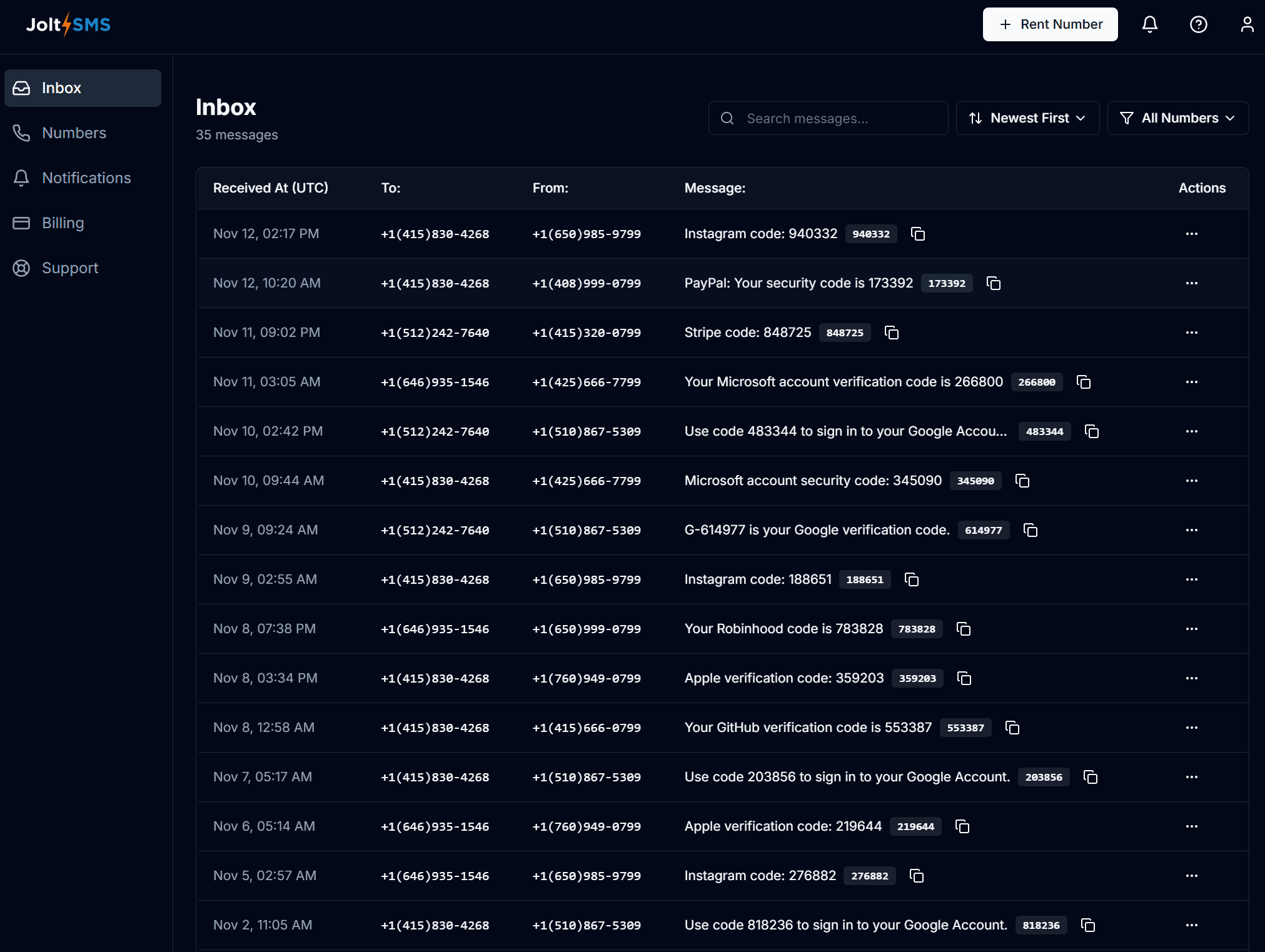 JoltSMS dark mode inbox showing verification codes with dark theme