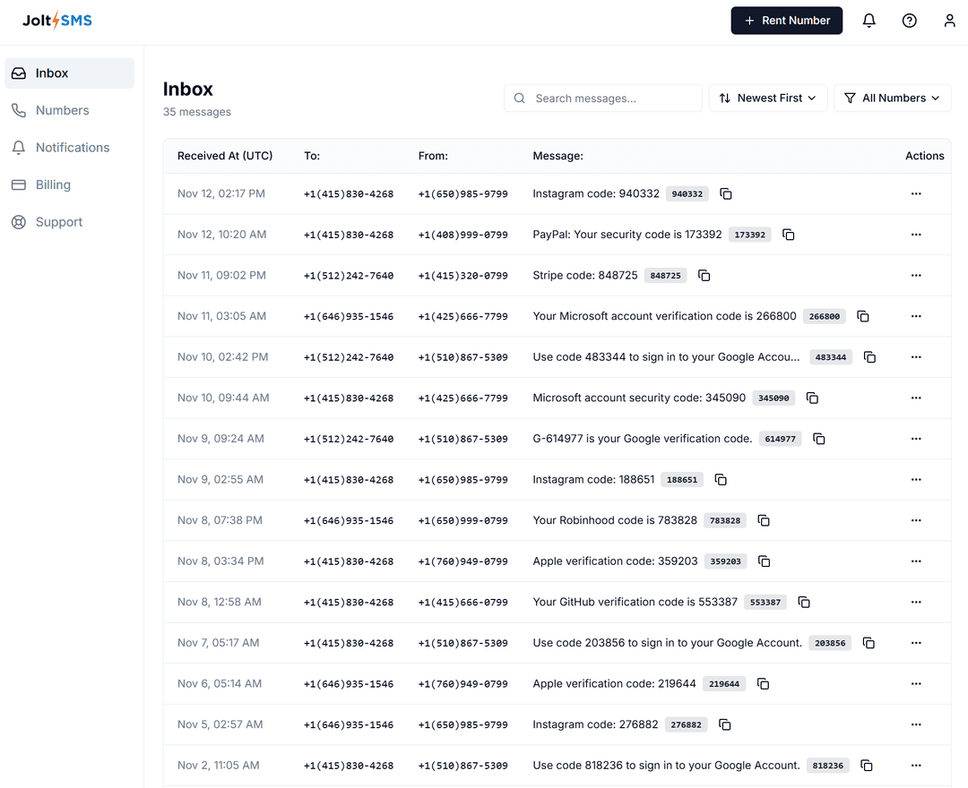 JoltSMS Inbox showing all messages