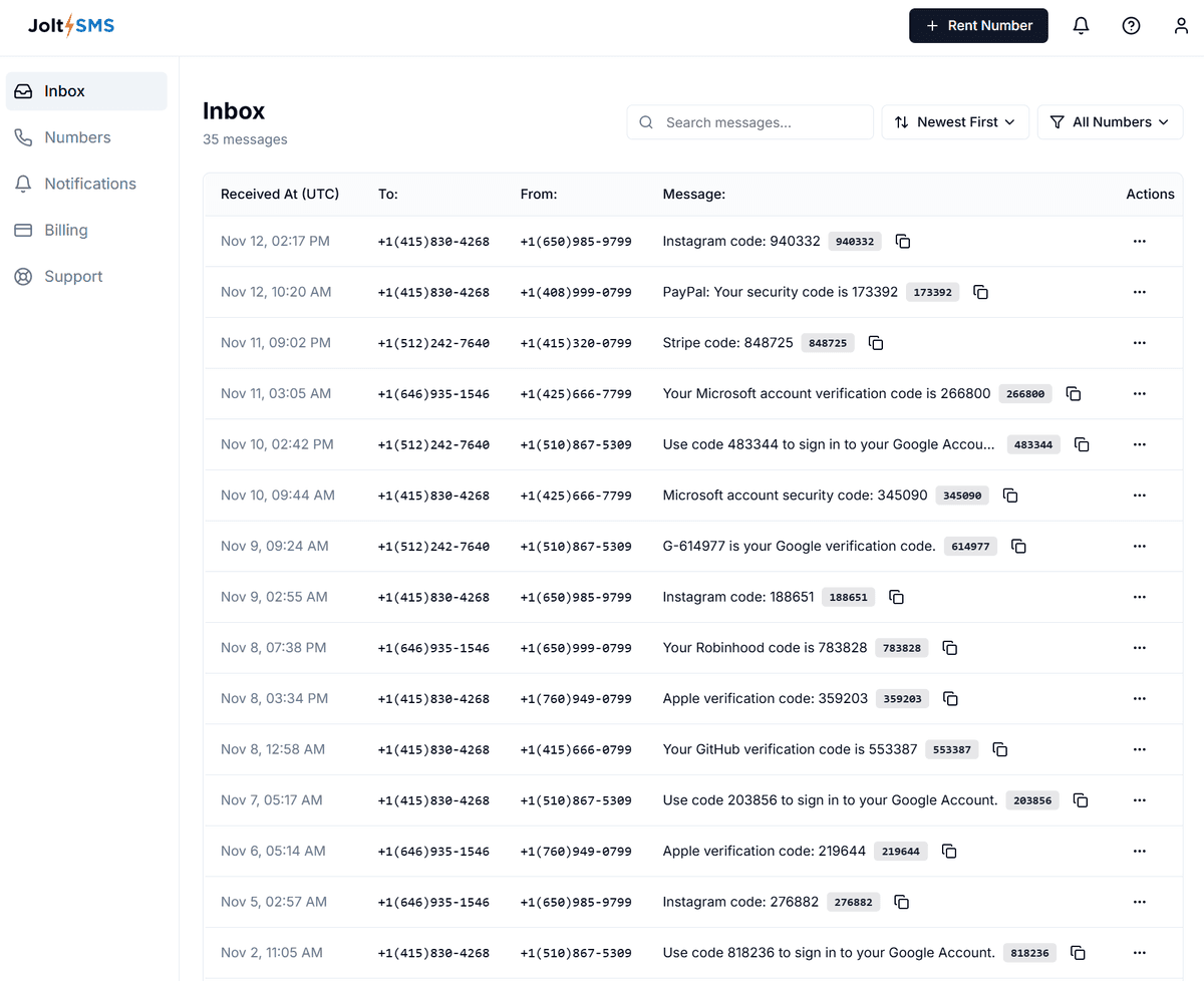 Inbox view with recent verification codes