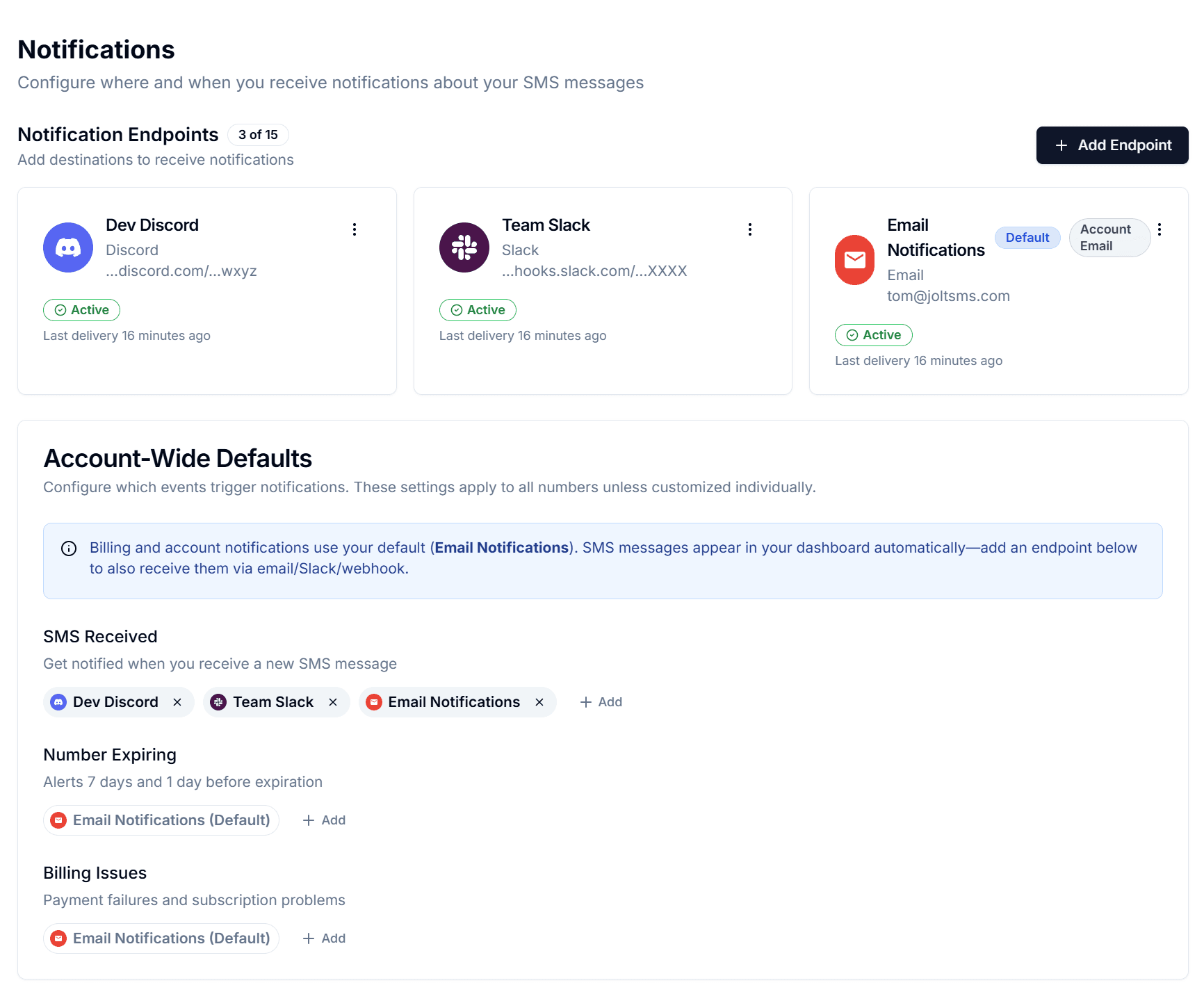 JoltSMS notification configuration showing Slack, Discord, Email and webhook setup