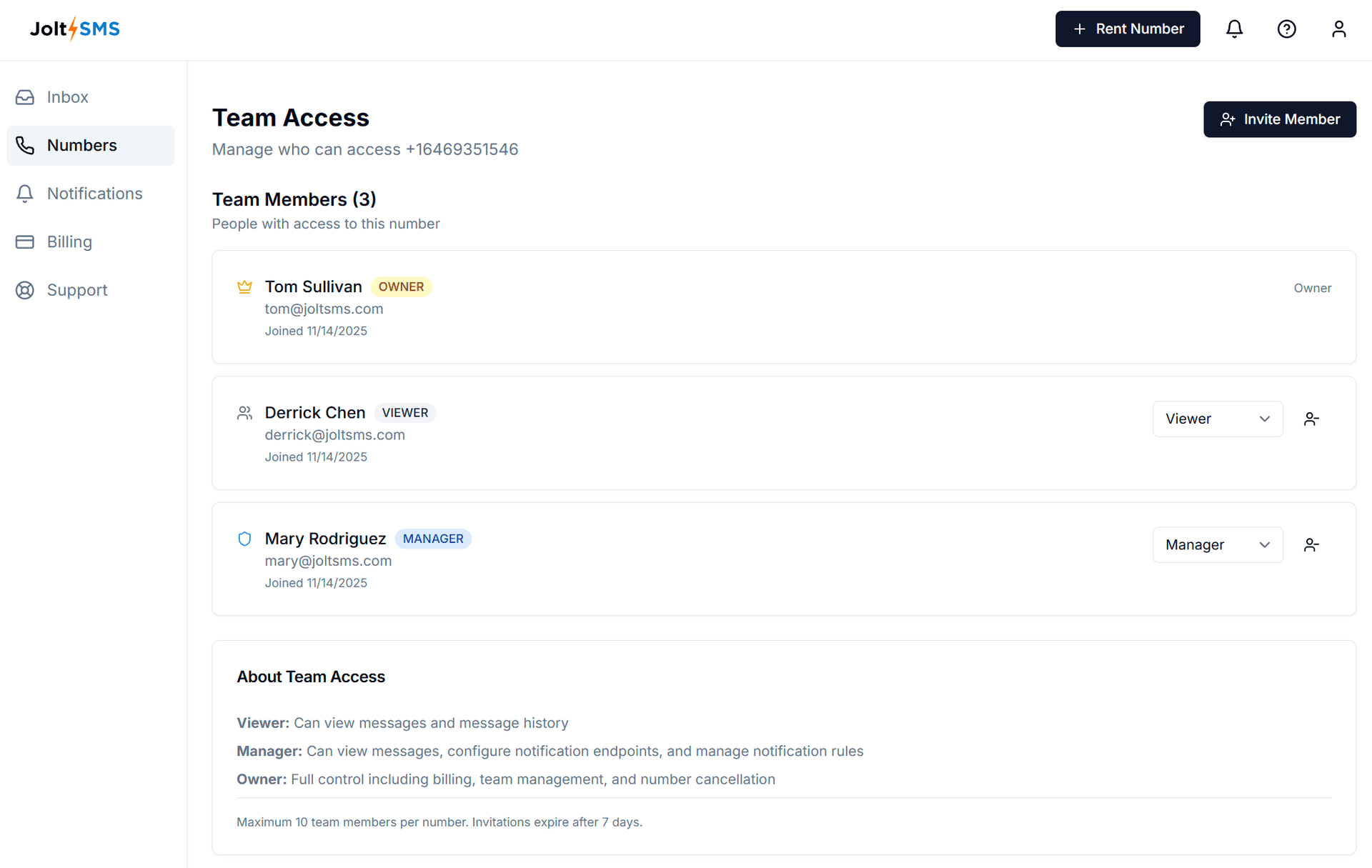 Invite teammates per number with Viewer / Manager / Owner roles