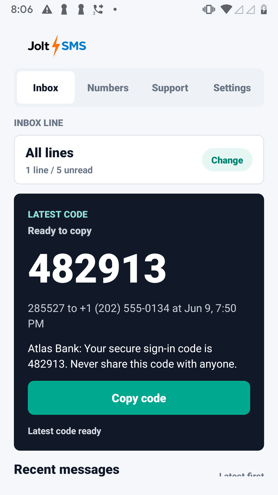 JoltSMS Android app showing the latest SMS verification code in the inbox.