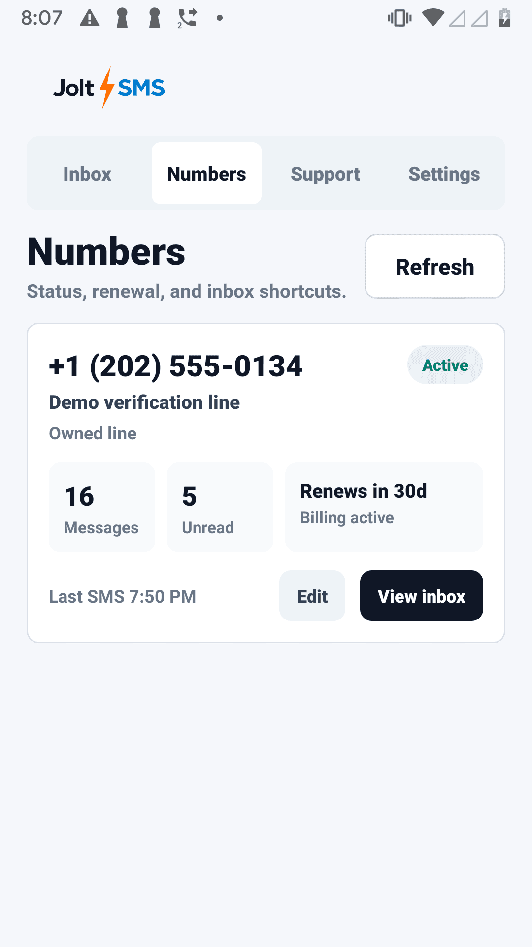 JoltSMS Android app showing active numbers and renewal details.