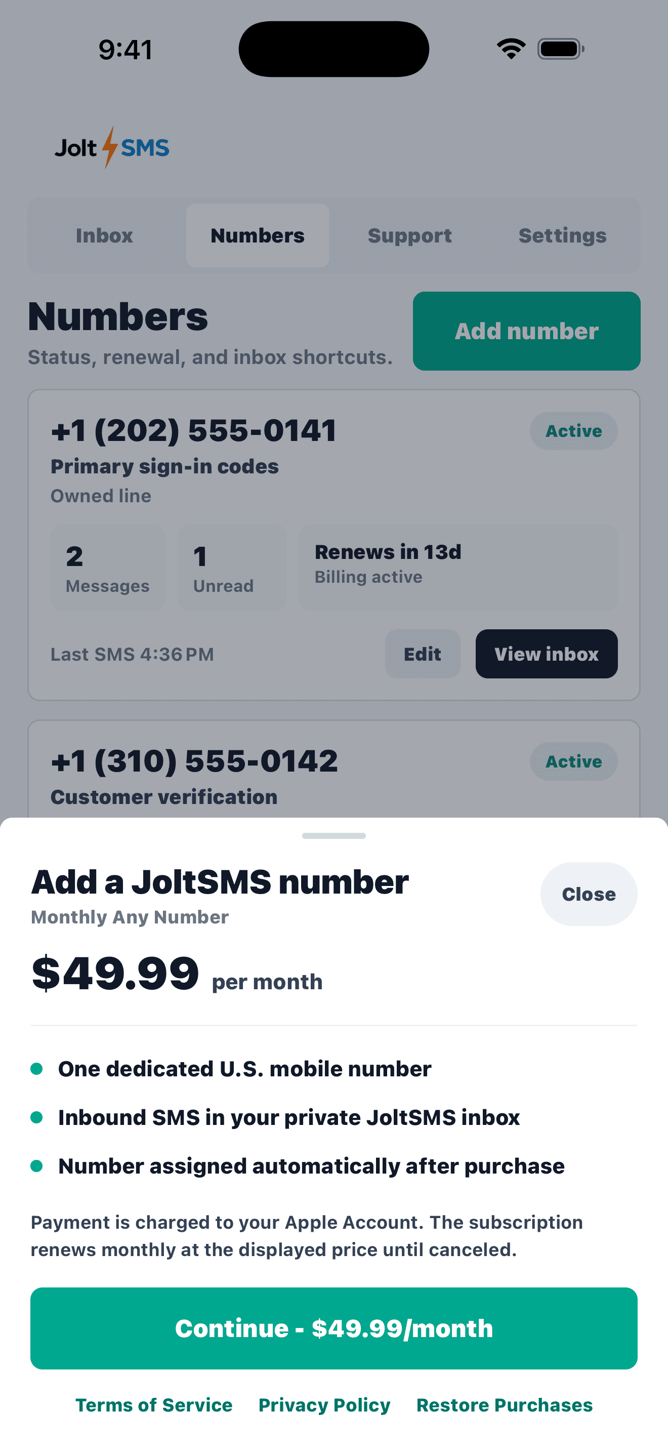 JoltSMS Add a number confirmation with monthly subscription details.