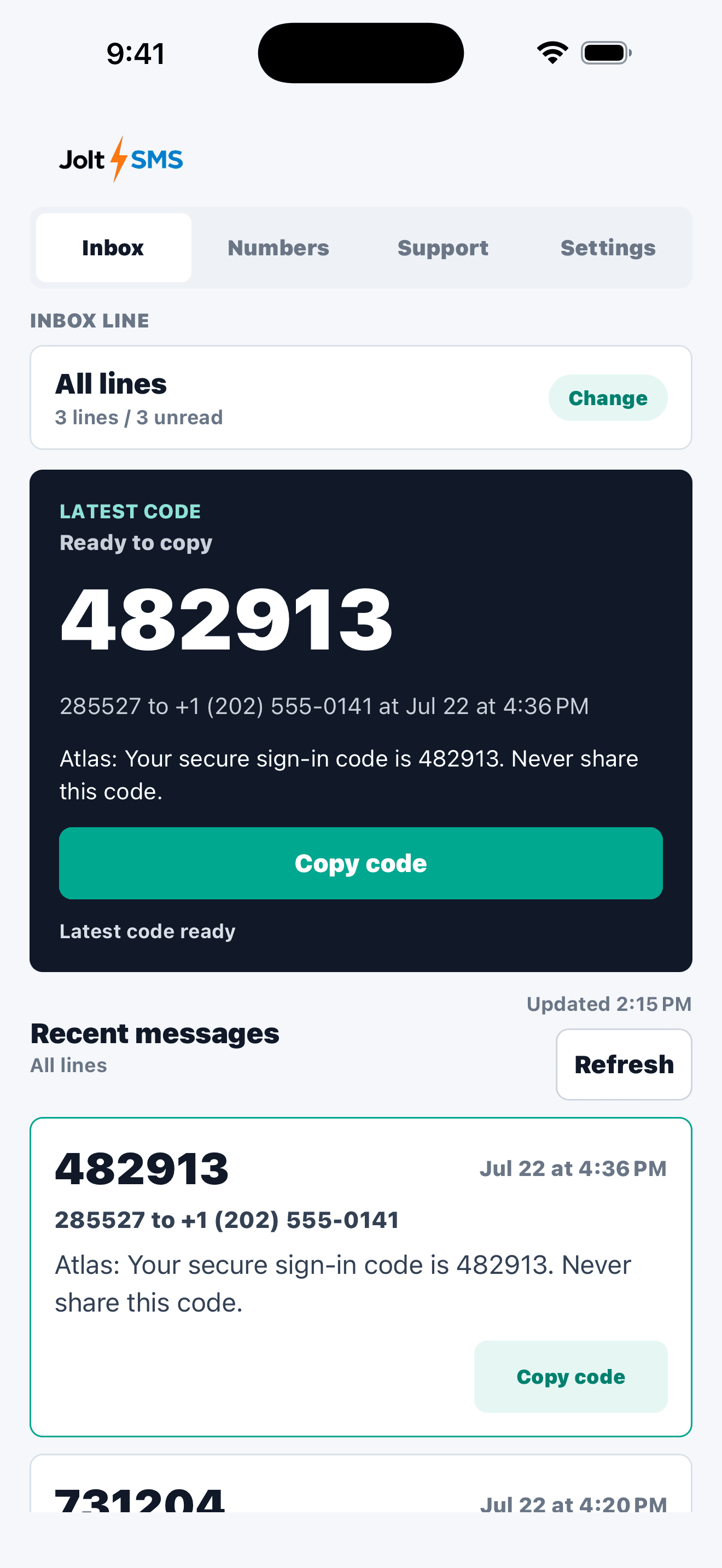 JoltSMS inbox showing a verification code ready to copy.