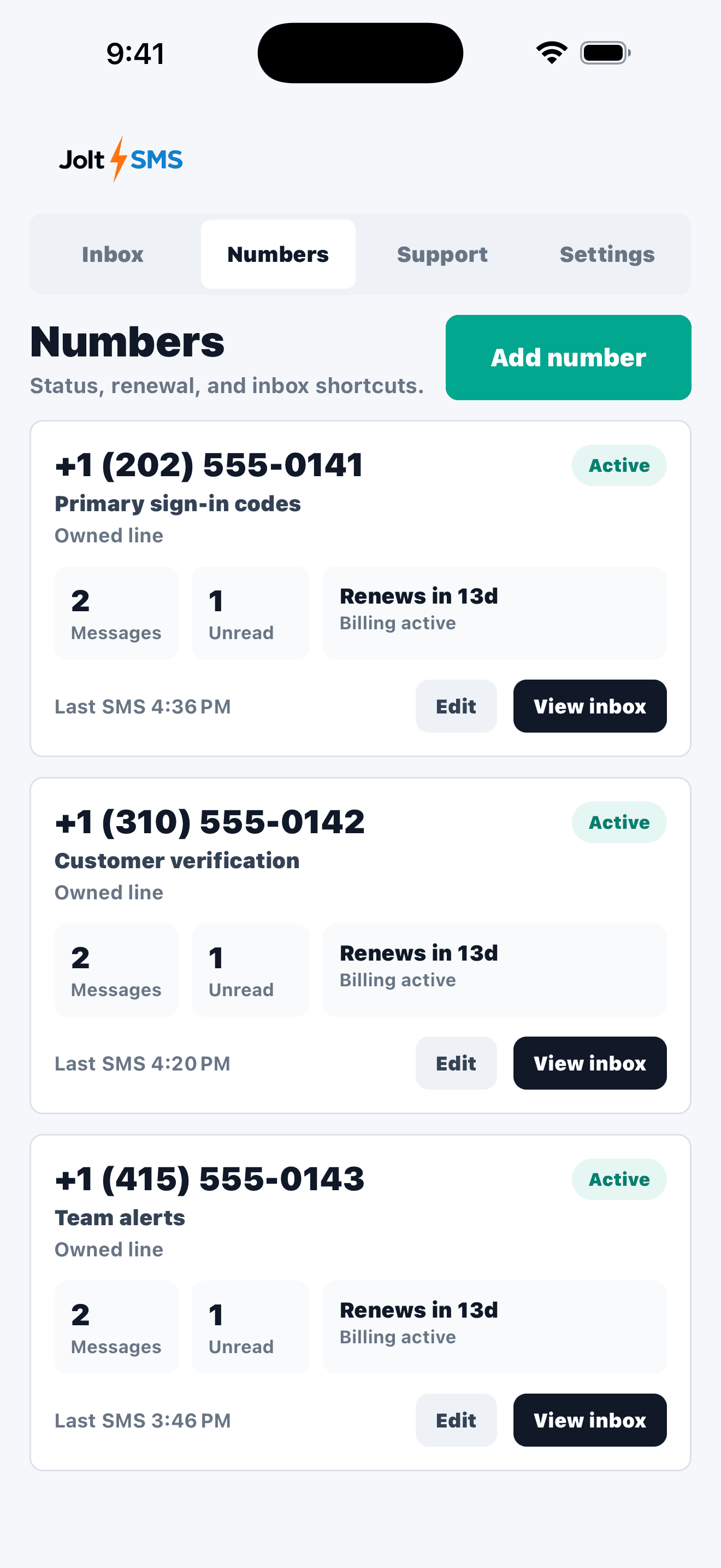 JoltSMS numbers screen showing active dedicated numbers.