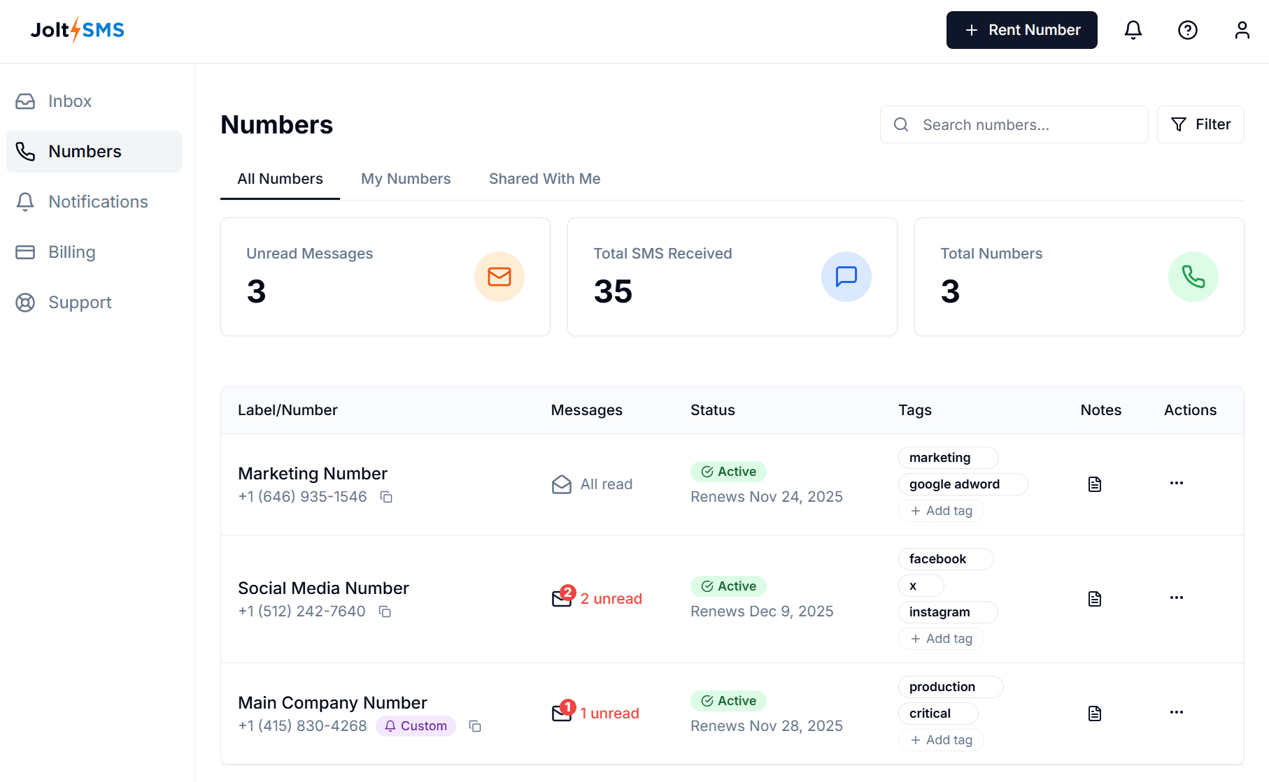 Numbers list view showing available and active numbers