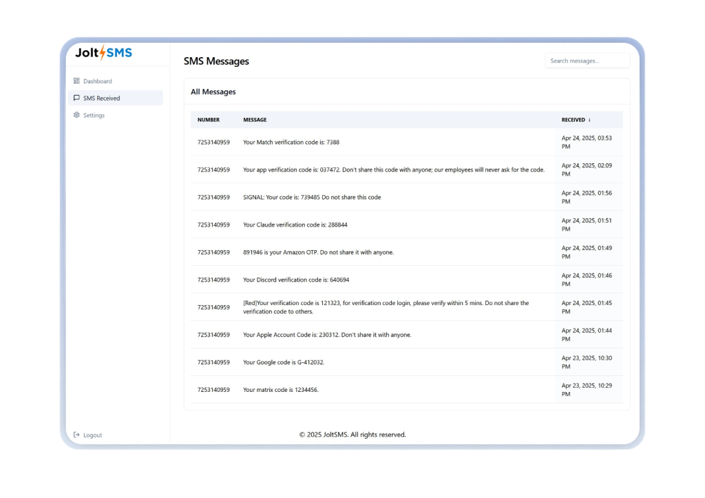 JoltSMS Verification Codes Dashboard